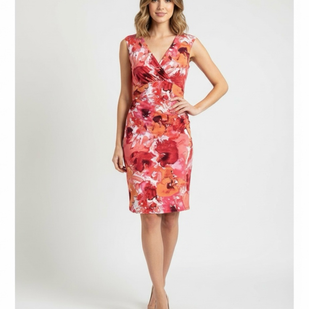 Ralph Lauren Pink Red Orange Floral Faux Wrap Sleeveless Dress‎ Size 4